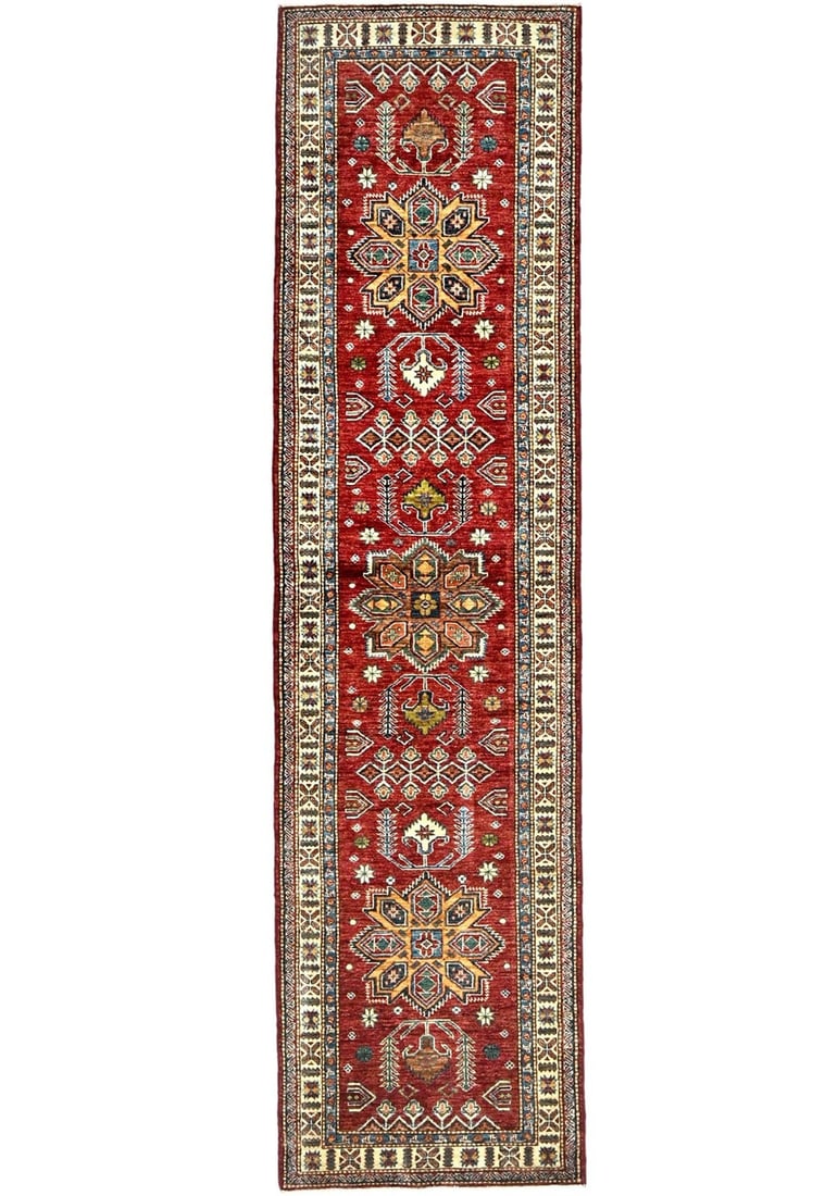 Hand Knotted Wool Tribal Kazak Runner 2'8 x 10'2: Hand Knotted Wool Tribal Kazak Runner 2'8 x 10'2 Enhance your living space with this stunning Red Tribal Kazak Oriental Runner Rug. Measuring 2'8" x 10'2", this hand-knotted wool rug features a vibran