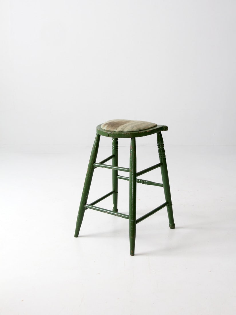 1920s Green Upholstered Wood Spindle Stool (1 of 7)