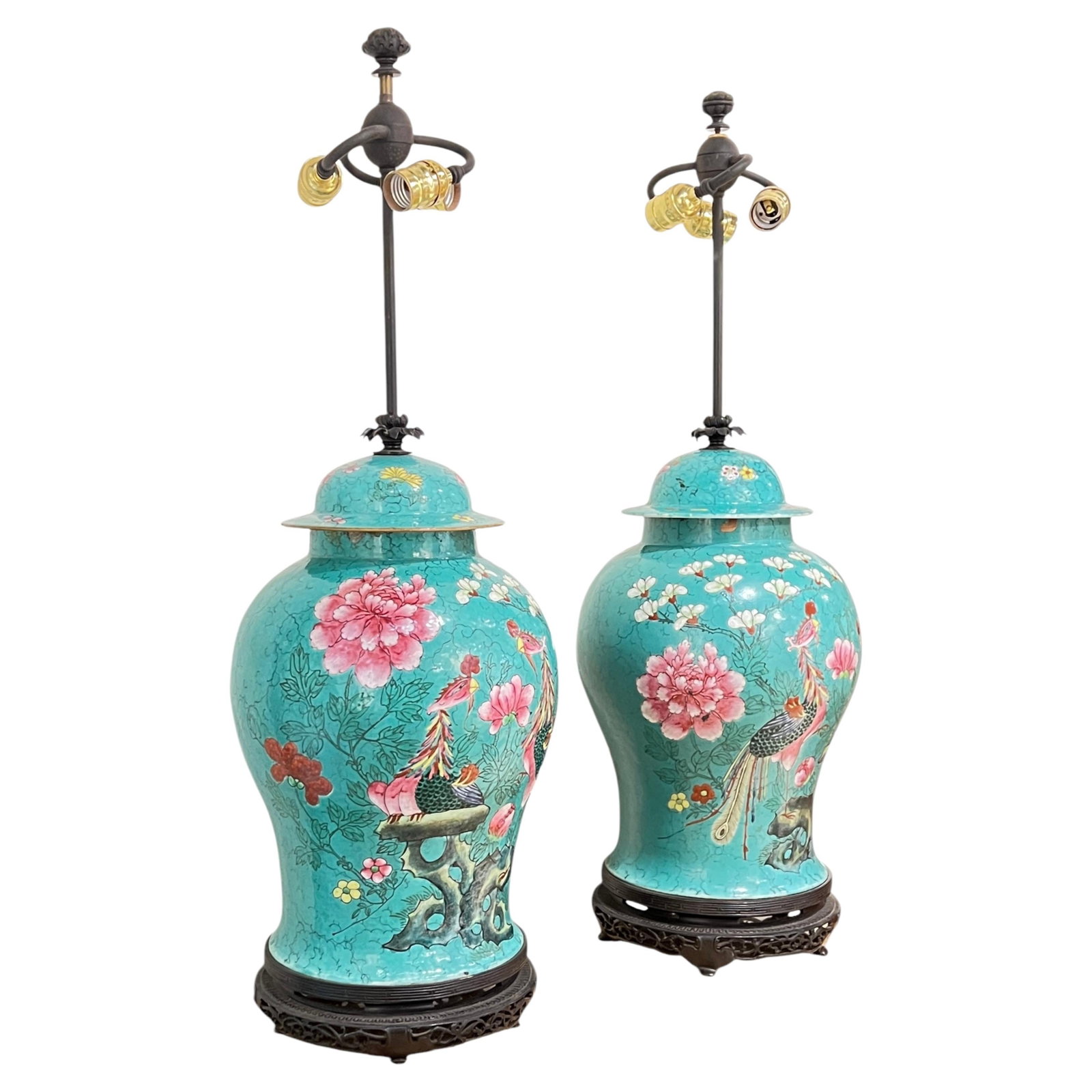 Set of 2 Chinese Export porcelain bronze table lamps (1 of 9)