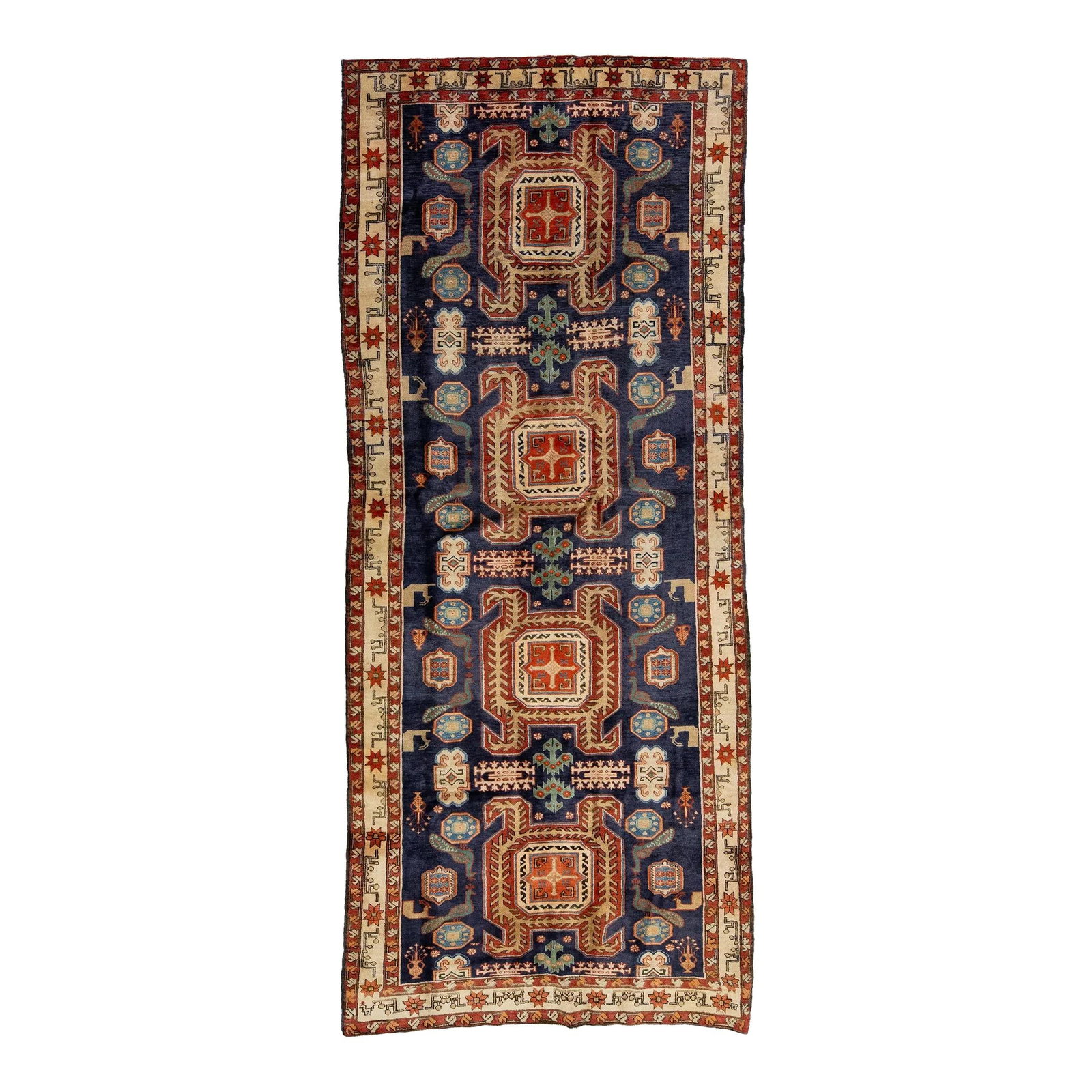 Vintage Handmade Heriz Wool Rug Navy Blue 4'3 x 10'4 Allover Design: Vintage Handmade Heriz Wool Rug Navy Blue 4'3 x 10'4 Allover Design Enhance your space with this exquisite Vintage Handmade Heriz Wool Rug, showcasing a captivating allover geometric motif against a r