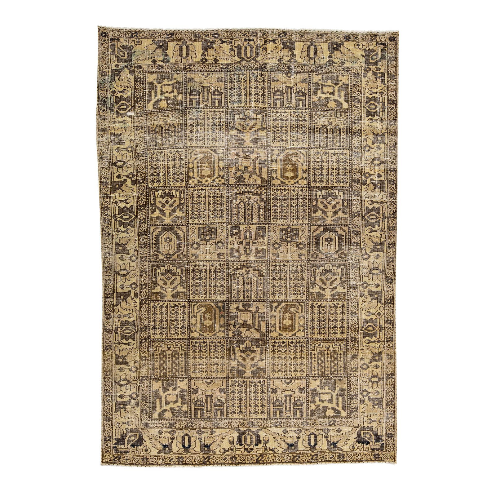 1960s Persian Tabriz Handmade Ivory Wool Rug 6'6 x 9'8: 1960s Persian Tabriz Handmade Ivory Wool Rug 6'6 x 9'8 Discover this stunning 1960s vintage Persian Tabriz handmade wool rug, featuring a beautiful ivory field adorned with intricate brown accents in 