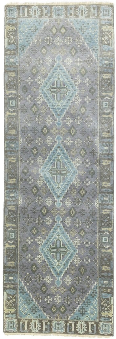 Hand Knotted Wool Tribal Runner Rug 2'7 x 7'10 Muted Modern Geometric: Hand Knotted Wool Tribal Runner Rug 2'7 x 7'10 Muted Modern Geometric Enhance your space with this stunning Oriental Runner Rug, featuring a modern tribal design. The rug showcases a beautiful array o