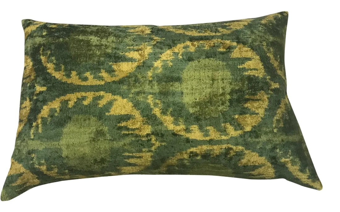 Handmade Silk Uzbek Ikat Velvet Pillow 16x24 with Feather Insert: Handmade Silk Uzbek Ikat Velvet Pillow 16x24 with Feather Insert This hand-made Silk Uzbek Ikat velvet pillow cushion features a natural linen backing and a hidden zipper for a seamless look. It comes