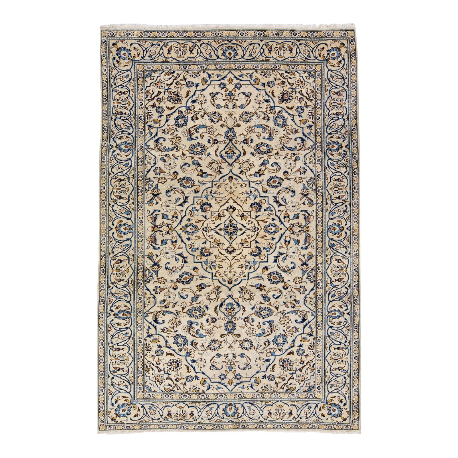 1960s Persian Kashan Handmade Wool Rug Beige Floral Design 6'5 x 9'11: 1960s Persian Kashan Handmade Wool Rug Beige Floral Design 6'5 x 9'11 This exquisite Persian Kashan rug features a hand-knotted design crafted from high-quality wool. It showcases a beige field adorne