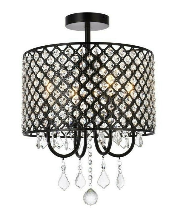 Living District Elise 4-Light Black Crystal Flush Mount: Living District Elise 4-Light Black Crystal Flush Mount This semi flush mount chandelier features a modern design with a black iron frame and royal cut clear crystals. It is suitable for a variety of 