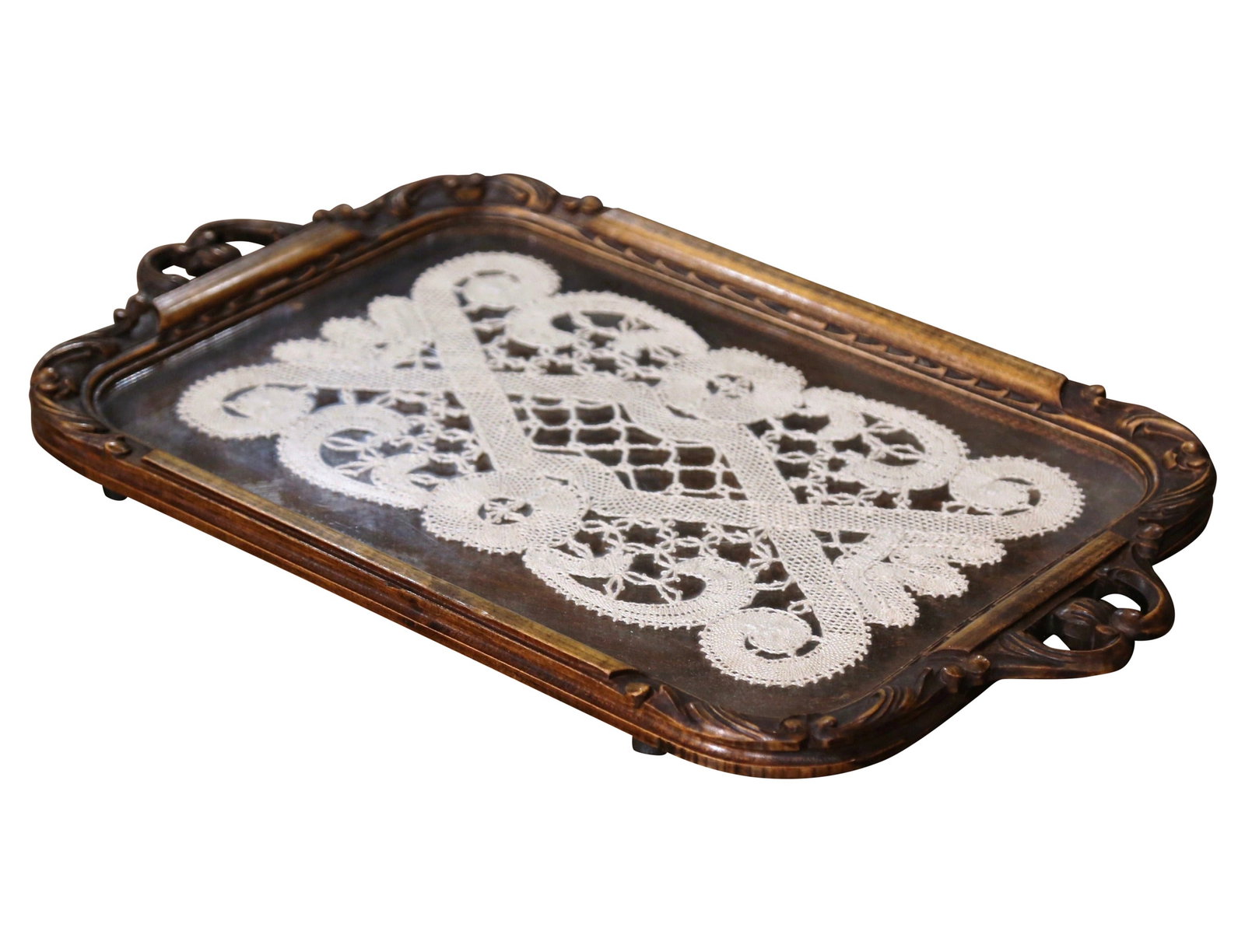 Vintage French Art Nouveau Walnut Tray Table with Glass Top (1 of 12)