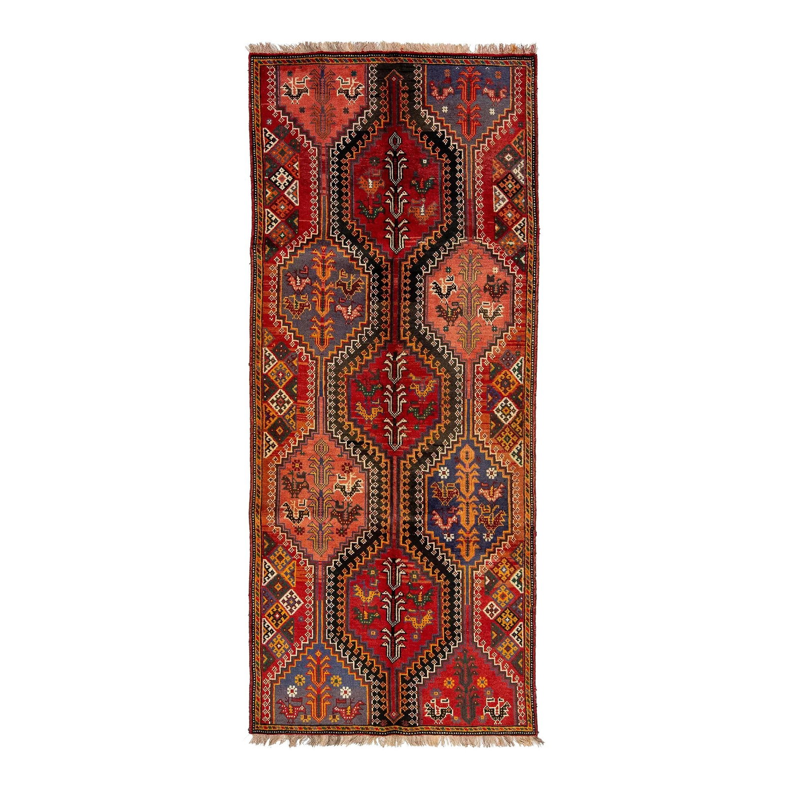 Vintage 3'6 x 8'4 Persian Shiraz Wool Rug Multicolor Allover Design: Vintage 3'6 x 8'4 Persian Shiraz Wool Rug Multicolor Allover Design Enhance your living space with this exquisite vintage Persian Shiraz rug, meticulously knotted from high-quality wool. It showcases 