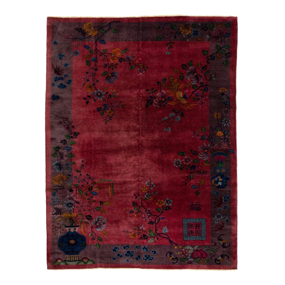 Antique Art Deco Chinese Wool Rug Burgundy Red Floral 8'11 x 11'10: Antique Art Deco Chinese Wool Rug Burgundy Red Floral 8'11 x 11'10 Discover the exquisite craftsmanship of this antique Chinese Art Deco rug, hand-knotted from high-quality wool. The rug showcases a c