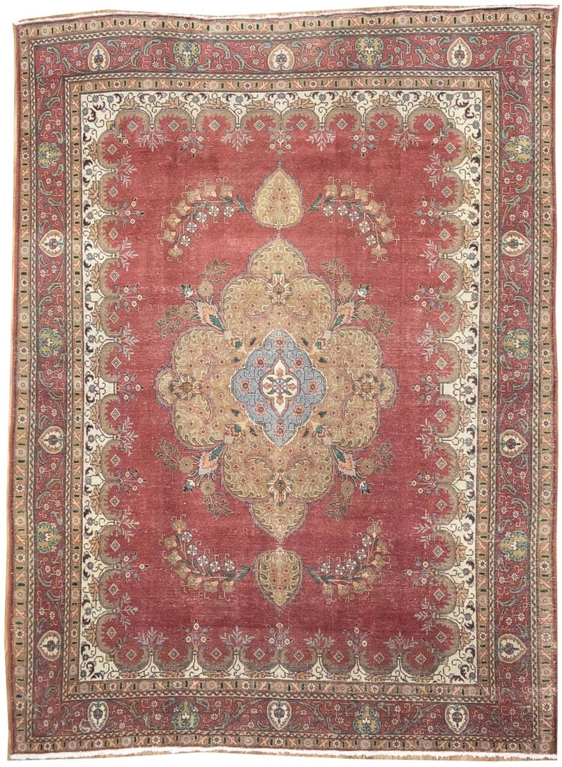 Hand-Knotted Wool Vintage Red Oriental Area Rug 9'7 x 13'0: Hand-Knotted Wool Vintage Red Oriental Area Rug 9'7 x 13'0 This semi-antique Oriental rug features a distressed red color palette with accents of khaki, cream, green, gray, brown, and light salmon. Ha