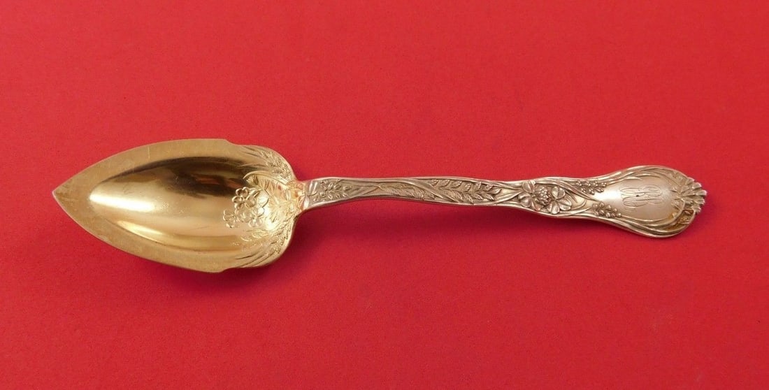Gorham Meadow Sterling Silver Grapefruit Spoon Monogrammed 5 3/4": Gorham Meadow Sterling Silver Grapefruit Spoon Monogrammed 5 3/4" This exquisite grapefruit spoon from the Meadow pattern by Gorham features a graceful design crafted in sterling silver. Measuring 5 3
