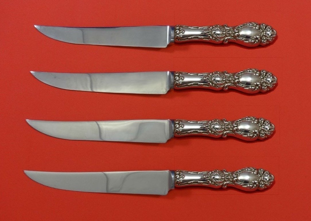 Wallace Lucerne Sterling Silver Steak Knife Set 4pc Custom Made 8.5": Wallace Lucerne Sterling Silver Steak Knife Set 4pc Custom Made 8.5" This exquisite 4-piece steak knife set features the elegant Lucerne pattern by Wallace. Crafted from high-quality sterling silver, 