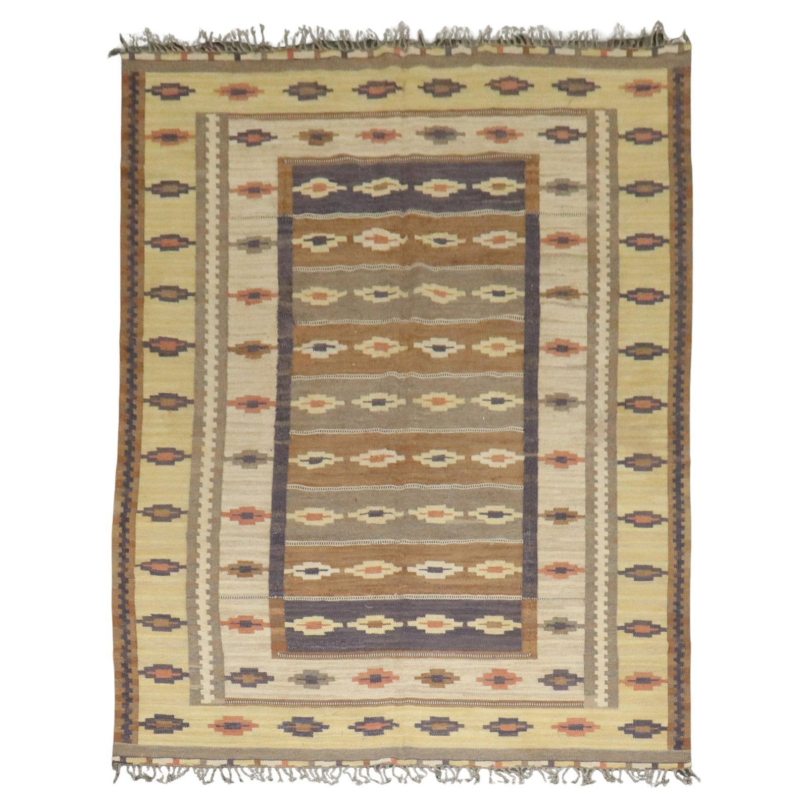 Mid-20th Century Rustic Swedish Hand-Knotted Wool Kilim 101 x 125: Mid-20th Century Rustic Swedish Hand-Knotted Wool Kilim 101 x 125 This exquisite room size Swedish Kilim showcases a rustic design, perfect for adding warmth and character to any space. Hand-knotted f