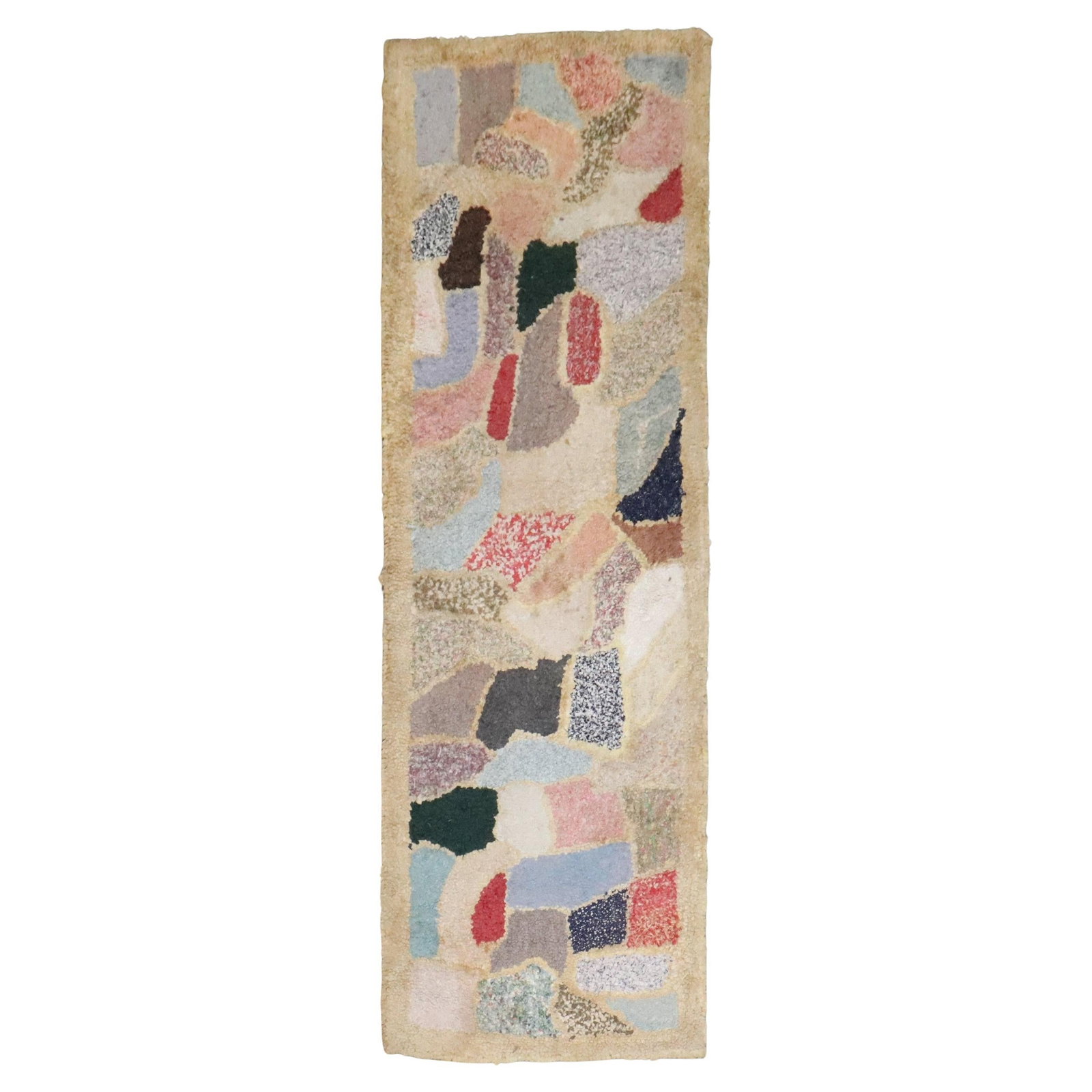 Midcentury American Hooked Runner Rug with Abstract Design 32 x 94 Inches: Midcentury American Hooked Runner Rug with Abstract Design 32 x 94 Inches This rare midcentury modern American hooked runner features an abstract design, crafted from jute using hand-knotted technique