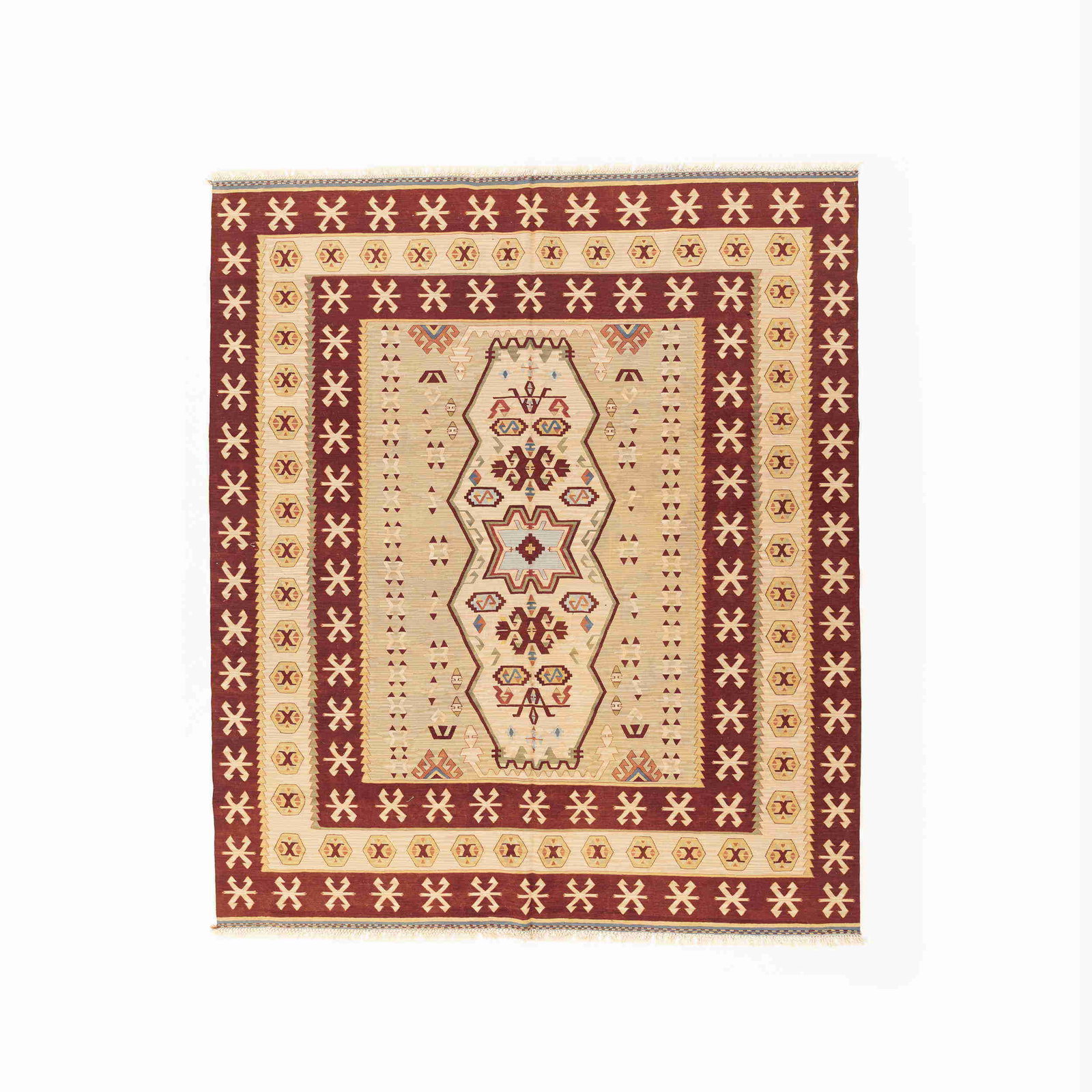 Authentic Handmade Konya Wool Kilim Rug 99.6 x 116.9 Inches: Authentic Handmade Konya Wool Kilim Rug 99.6 x 116.9 Inches Experience the rich tradition of Turkish craftsmanship with this authentic handmade Konya Kilim, expertly woven from quality wool on wool. T