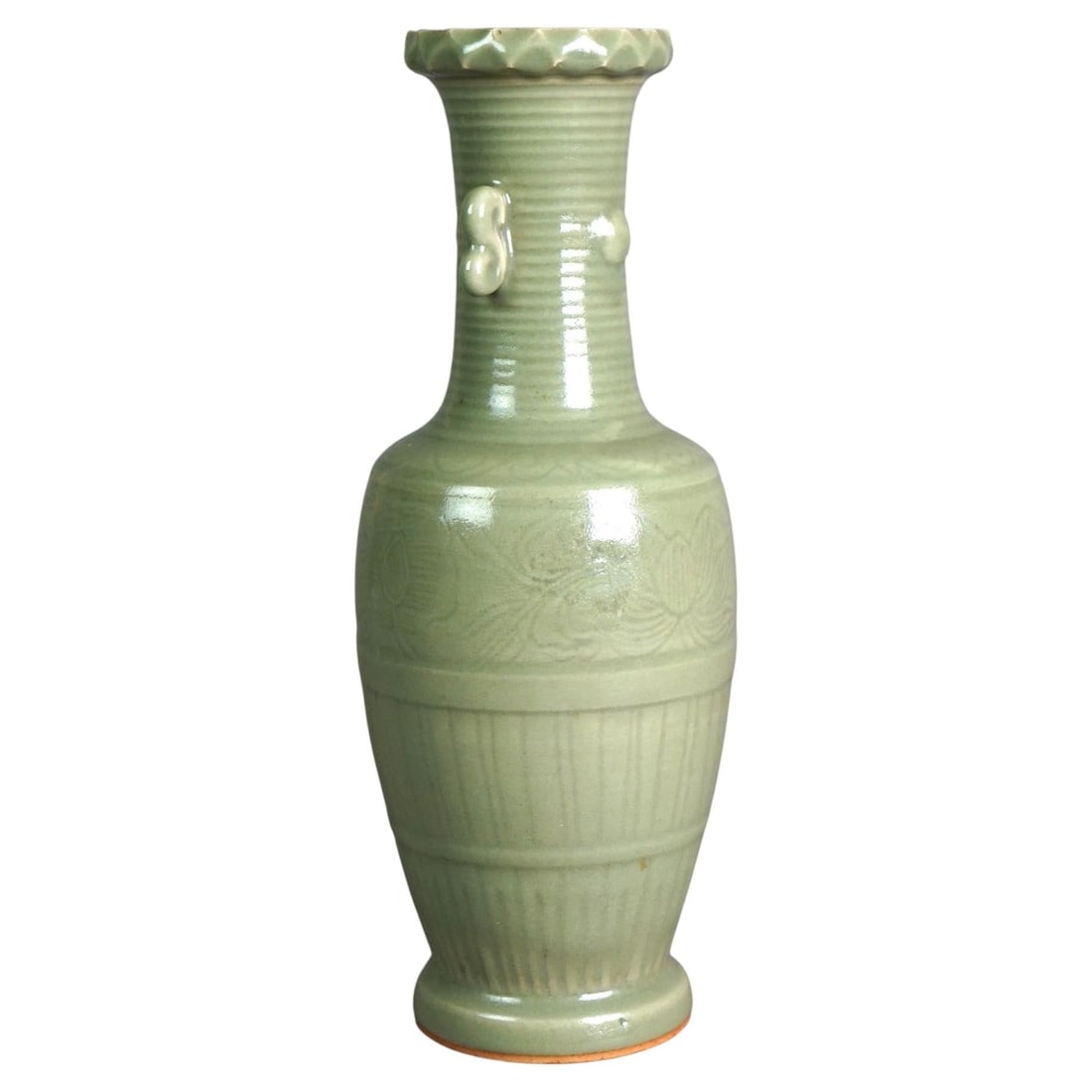 Chinese Celadon Glazed Pottery Vase with Scroll Handles c1930: Chinese Celadon Glazed Pottery Vase with Scroll Handles c1930 Antique Chinese art pottery vase from c1930, featuring a celadon glaze, incised decoration, and double scroll form handles. It is an early