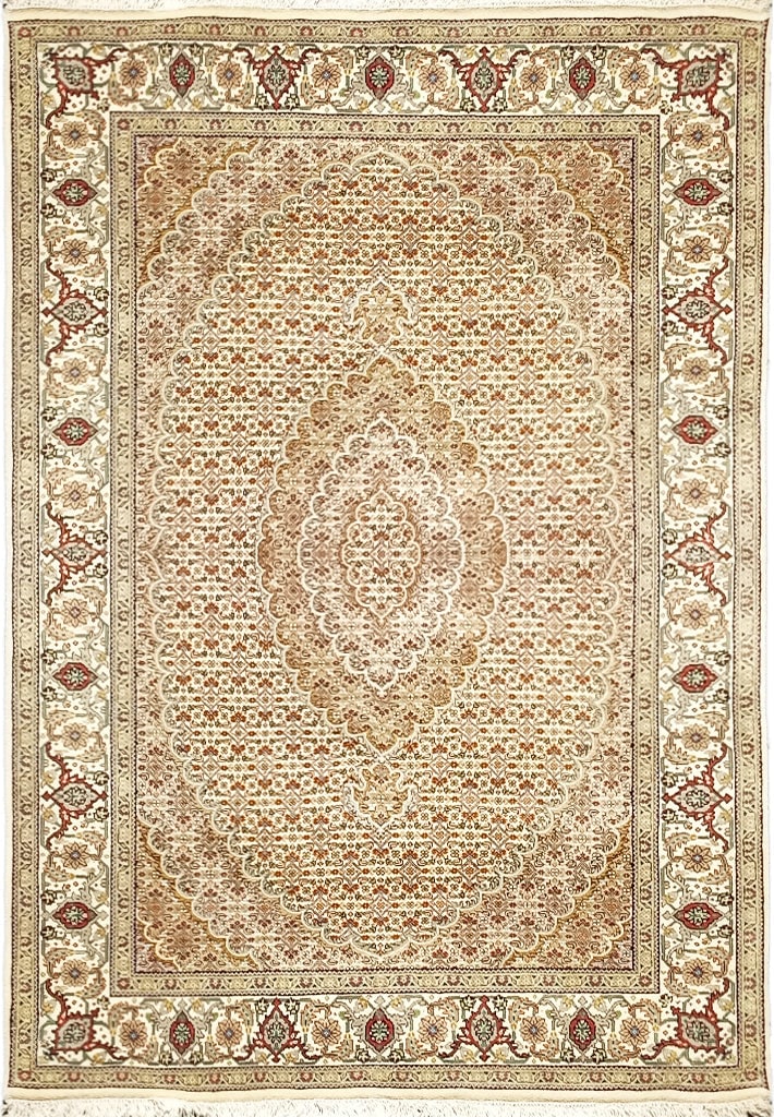 Handmade 4.11 x 7.1 Wool Silk Mahi Tabriz Area Rug: Handmade 4.11 x 7.1 Wool Silk Mahi Tabriz Area Rug Free continental US Shipping Discover the exquisite 4.11 x 7.1 Wool and Silk Mahi Tabriz Rug, a magnificent representation of Persian artistry. Handw