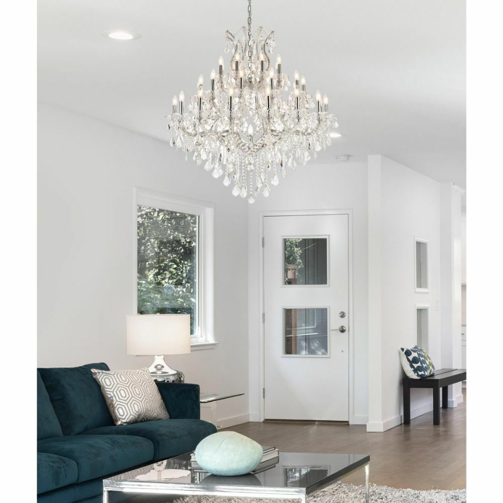 Maria Theresa 37 Light Chrome Crystal Foyer Chandelier 44 Inch: Maria Theresa 37 Light Chrome Crystal Foyer Chandelier 44 Inch This large Maria Theresa chandelier features 37 lights and a striking 44-inch diameter, making it an impressive centerpiece for foyers, e
