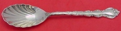 Wallace Feliciana Sterling Silver Shell Sugar Spoon 6 1/8": Wallace Feliciana Sterling Silver Shell Sugar Spoon 6 1/8" Sterling silver sugar spoon in the Feliciana pattern by Wallace, featuring a shell-shaped bowl and an ornate handle. It is pre-owned, not mon