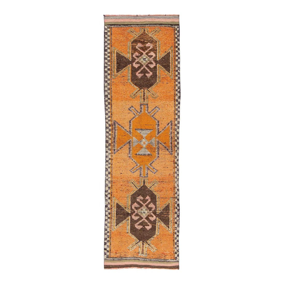Orange Anatolian Wool Runner Rug with Geometric Motifs 2'11 x 11'1": Orange Anatolian Wool Runner Rug with Geometric Motifs 2'11 x 11'1" This vintage Turkish runner is handwoven from natural wool and features a striking orange color with bold geometric medallions and t