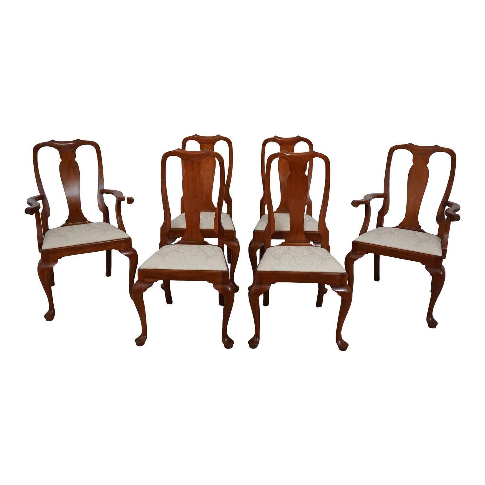 Set of 6 Henkel Harris Queen Anne Cherry Dining Chairs: Set of 6 Henkel Harris Queen Anne Cherry Dining Chairs Enhance your dining experience with this elegant set of 6 Henkel Harris dining room chairs, featuring a charming distressed cherry finish. Crafte