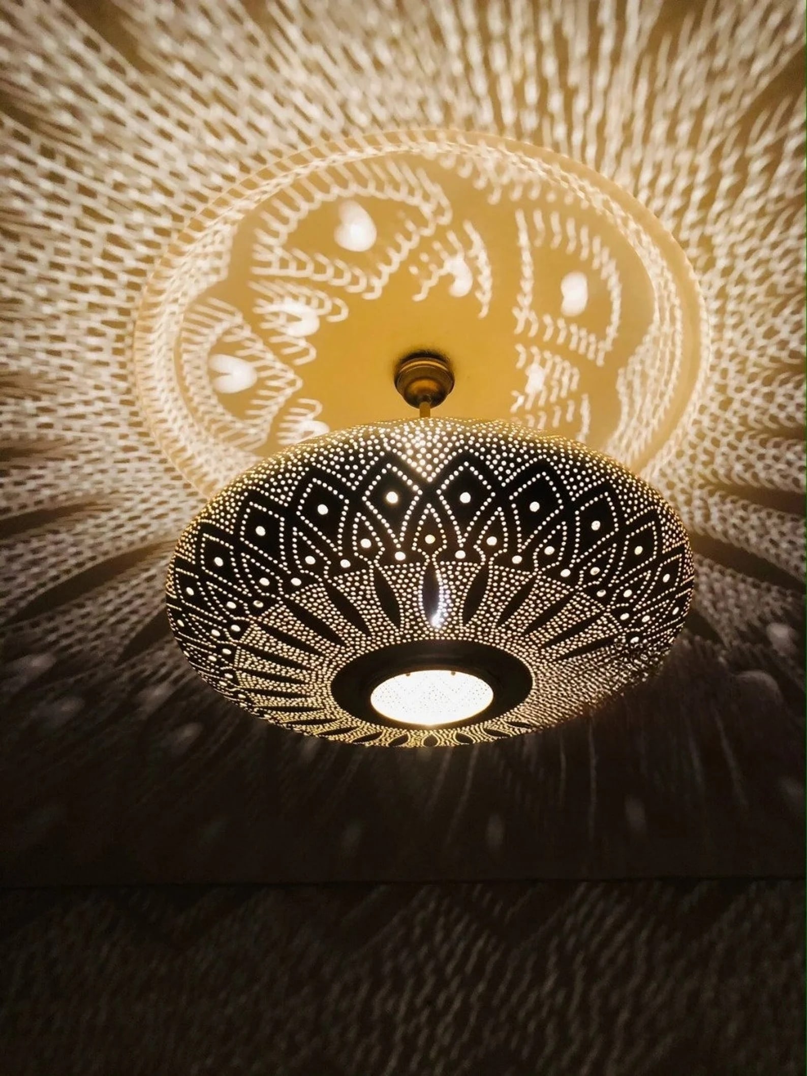 Moroccan brass pendant light hand engraved shadow pattern (1 of 8)