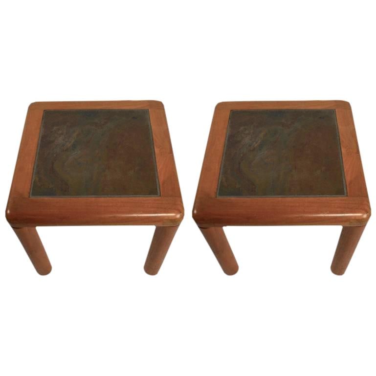 Pair of 1980s Teak and Slate Tables by Haslev: Pair of 1980s Teak and Slate Tables by Haslev This elegant pair of tables showcases Danish modern design, featuring a beautiful combination of teak and slate. Crafted by Haslev in the 1980s, these tab