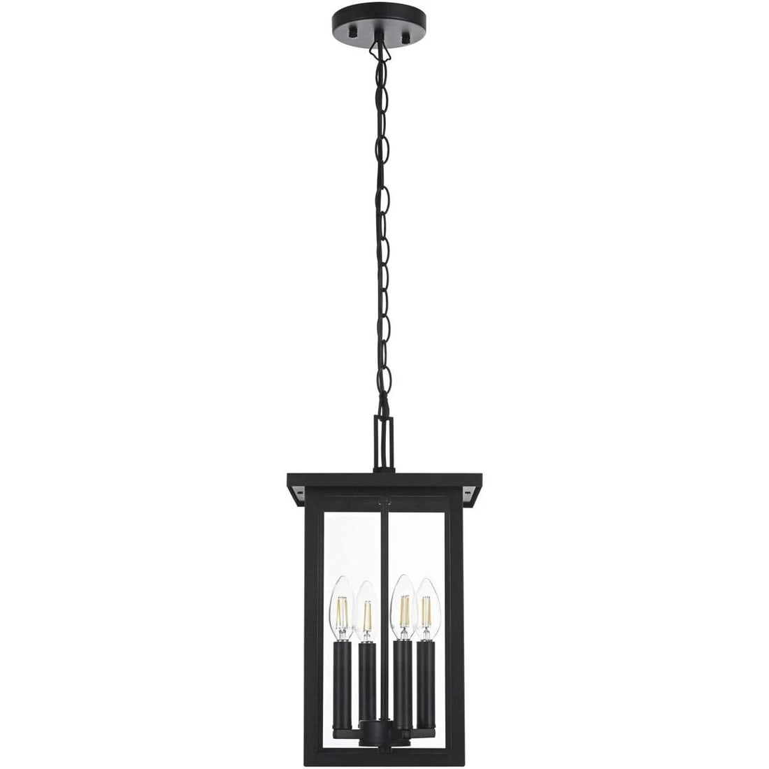 Venango black iron glass outdoor pendant 4 lights: Venango black iron glass outdoor pendant 4 lights This medium-sized outdoor hanging lantern features a traditional design with a black iron and clear glass construction. It accommodates four E26 incan