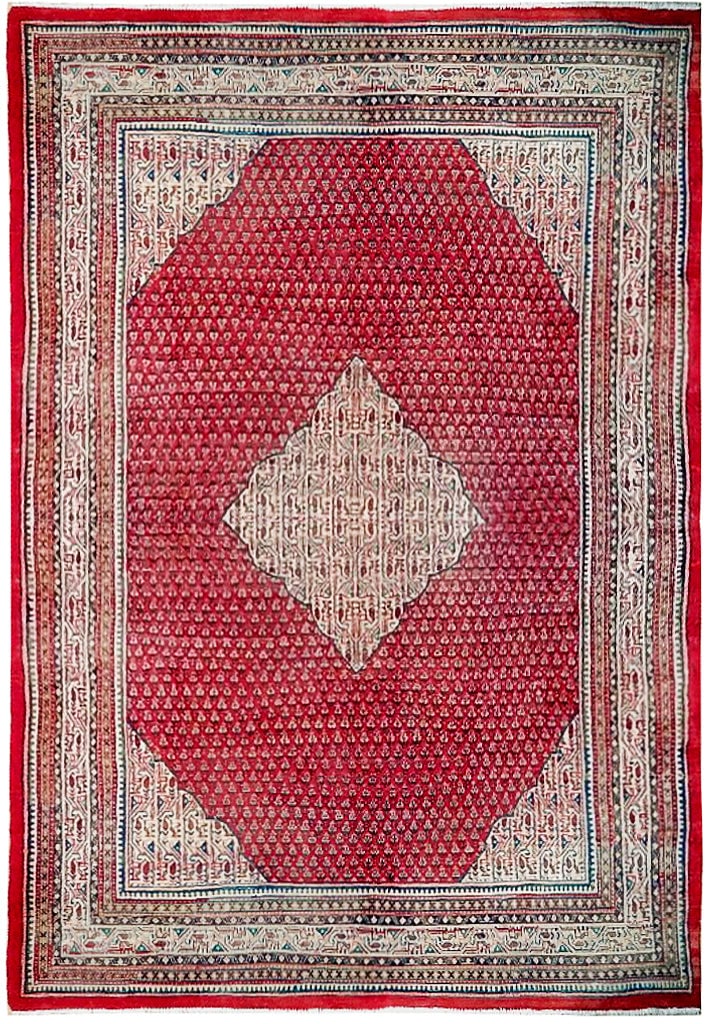 Handcrafted 7'2 x 10'10 Red Persian Mir Sarouk Rug: Handcrafted 7'2 x 10'10 Red Persian Mir Sarouk Rug Free continental US Shipping Enhance your living space with this exquisite 7' 2" x 10' 10" Red Persian Mir Sarouk Rug, meticulously handcrafted by sk