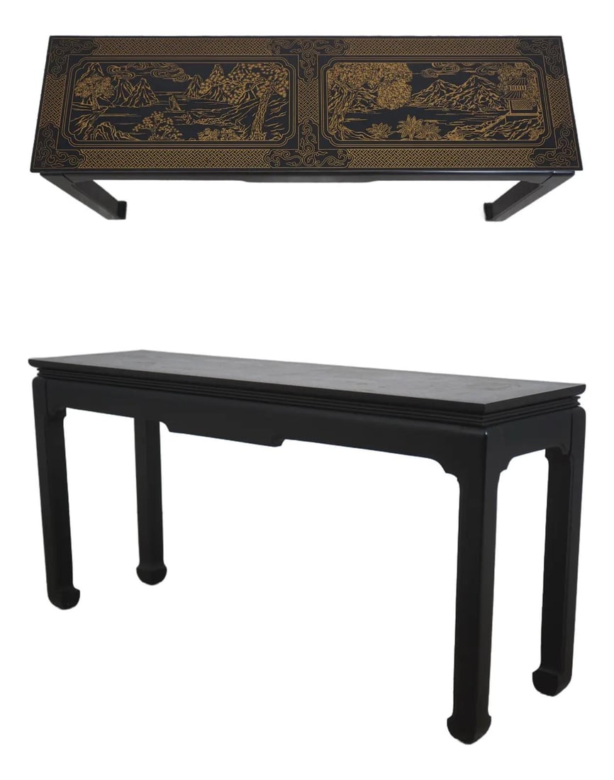 Chinese Chippendale Leather Top Console Table Black Gold (1 of 10)