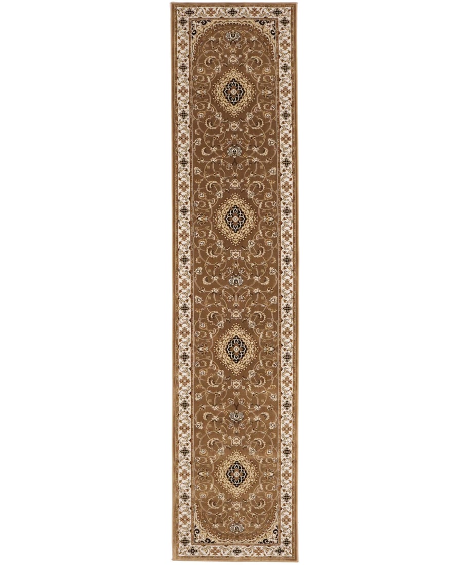 Brown Floral Polypropylene Runner Rug 2'7 x 12'0: Brown Floral Polypropylene Runner Rug 2'7 x 12'0 This is a brown, ivory, beige, and black vintage-style runner rug featuring a classic floral pattern. Machine-made from polypropylene, it offers a medi