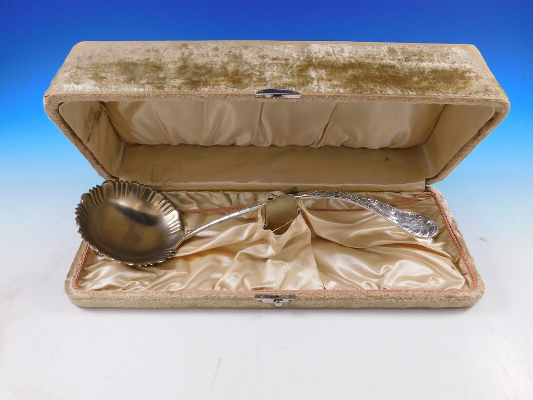 Wood & Hughes Louvre Sterling Silver Soup Ladle 12" Monogrammed 1893: Wood & Hughes Louvre Sterling Silver Soup Ladle 12" Monogrammed 1893 Discover the elegance of the Louvre pattern by Wood & Hughes with this exquisite sterling silver soup ladle. Measuring 12 inches, t