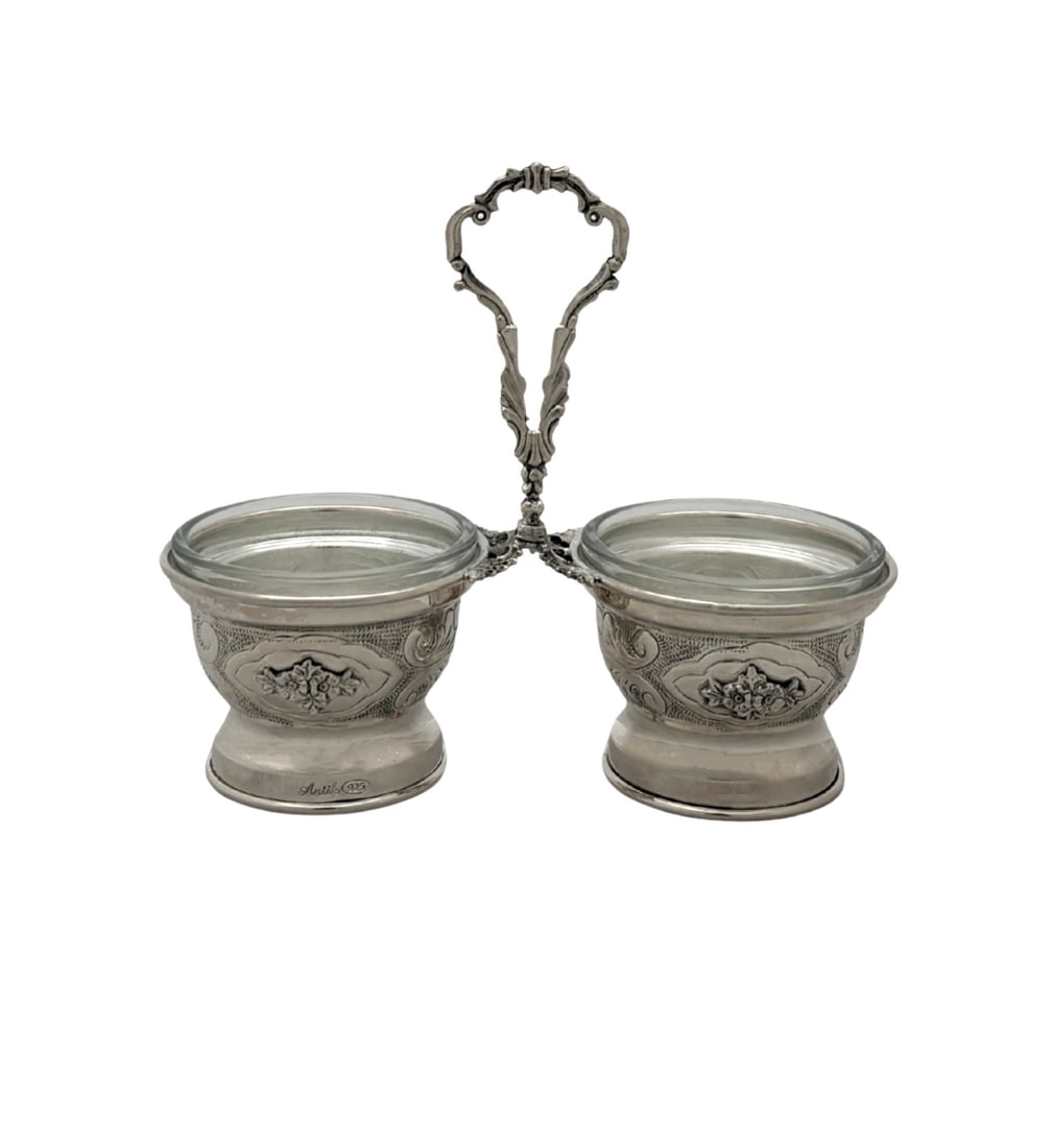 Handmade Turkish Sterling Silver Ornate Double Salt Holder With Floral Chased Design: Handmade Turkish Sterling Silver Ornate Double Salt Holder With Floral Chased Design This fine double salt holder is crafted from 925 sterling silver and features handmade floral chased and swirl orna