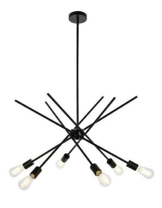Armin 6 Light Black Sputnik Chandelier 32 in: Armin 6 Light Black Sputnik Chandelier 32 in Mid-Century Modern Sputnik style chandelier with a black finish and cone shades. It is a 6-light indoor fixture designed for hardwired installation, with a