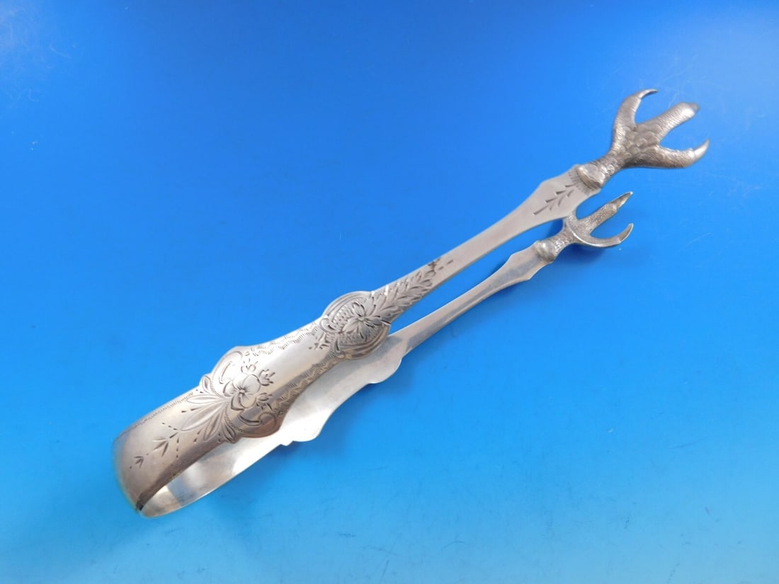 Sterling Silver Brite-Cut Ice Tong Double Claw Pansies 6.5 in (1 of 6)