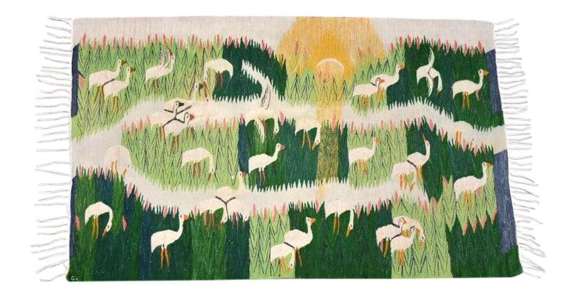 Vintage Snowy Egret Swedish Kilim Rug Wool 60 x 68: Vintage Snowy Egret Swedish Kilim Rug Wool 60 x 68 This vintage Swedish flat weave kilim rug features a beautiful scene of snowy egrets, showcasing exquisite craftsmanship and vibrant colors. Measurin