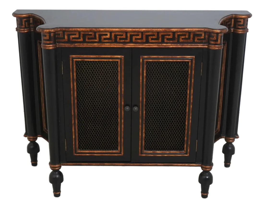 Regency Style Console Cabinet with Greek Key and Brass Accents: Regency Style Console Cabinet with Greek Key and Brass Accents This Ardley Hall console cabinet features a Regency style with elegant ebony and gold painted detailing. The cabinet is crafted from wood