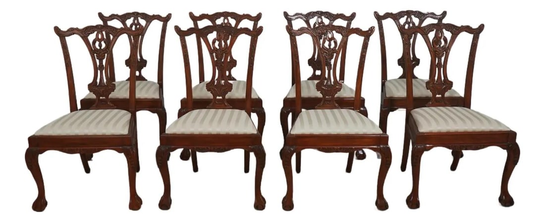 8 Mahogany Dining Chairs Chippendale Style Ball and Claw Feet Set of 8: 8 Mahogany Dining Chairs Chippendale Style Ball and Claw Feet Set of 8 This set of eight dining chairs features a classic Chippendale style with finely carved mahogany frames. Each chair is constructe