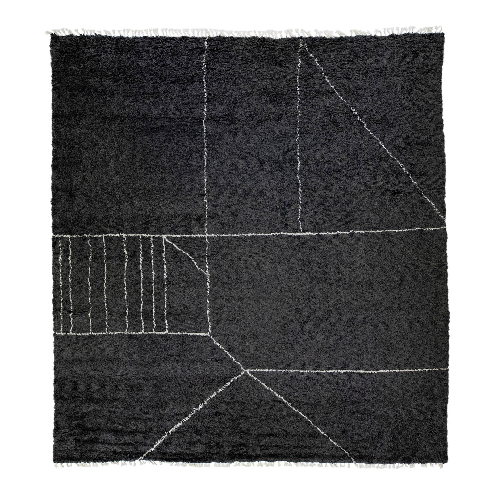 Handmade Geometric Black Wool Rug 14'5'' x 15'7'': Handmade Geometric Black Wool Rug 14'5'' x 15'7'' Enhance your space with this stunning modern Moroccan style hand-knotted wool rug. Featuring a striking black field accented with white fringes, this 