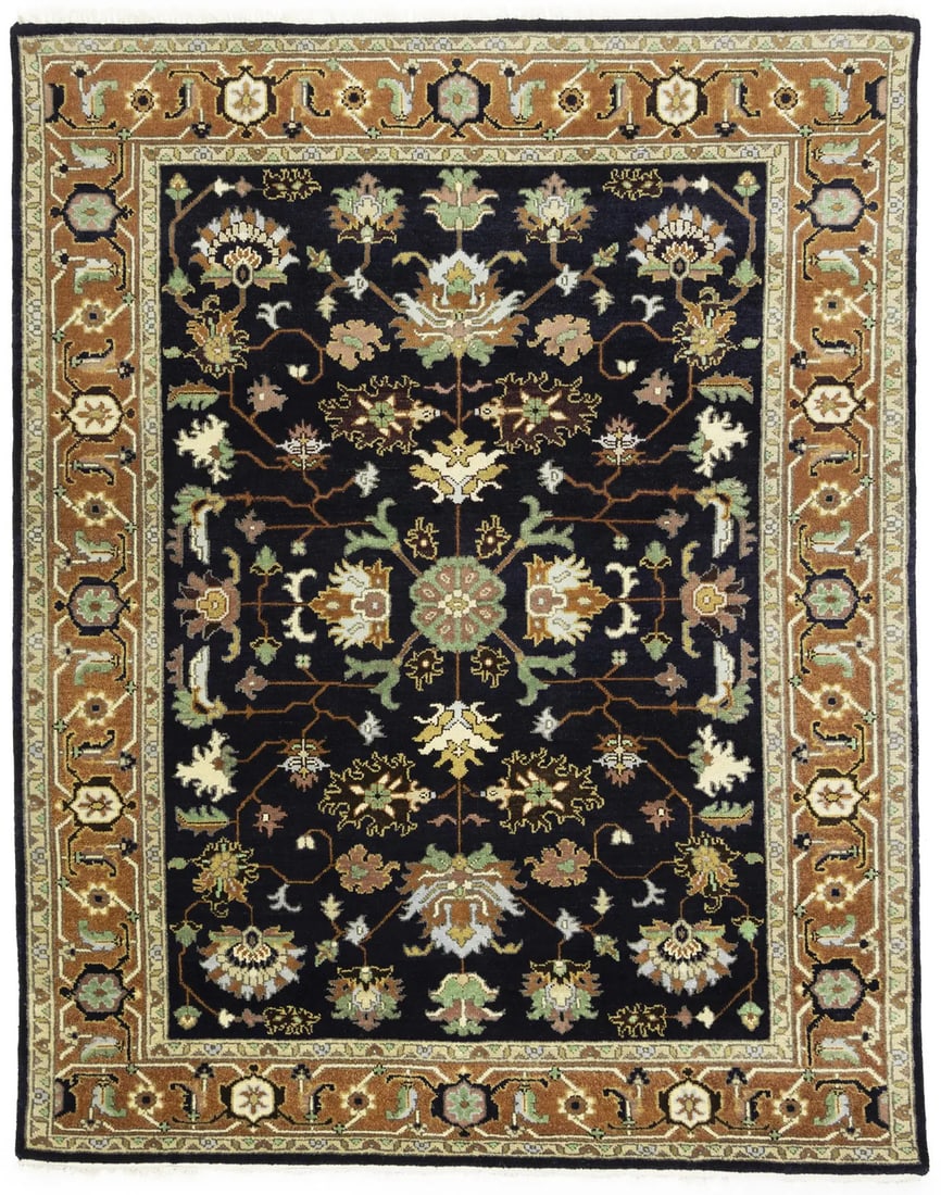 Hand-Knotted Wool Floral Rug 7'9 x 9'10 Modern Traditional Design: Hand-Knotted Wool Floral Rug 7'9 x 9'10 Modern Traditional Design This vintage-style oriental area rug features a farmhouse floral pattern in dark purple-navy, orange, light green, beige, cream, and b