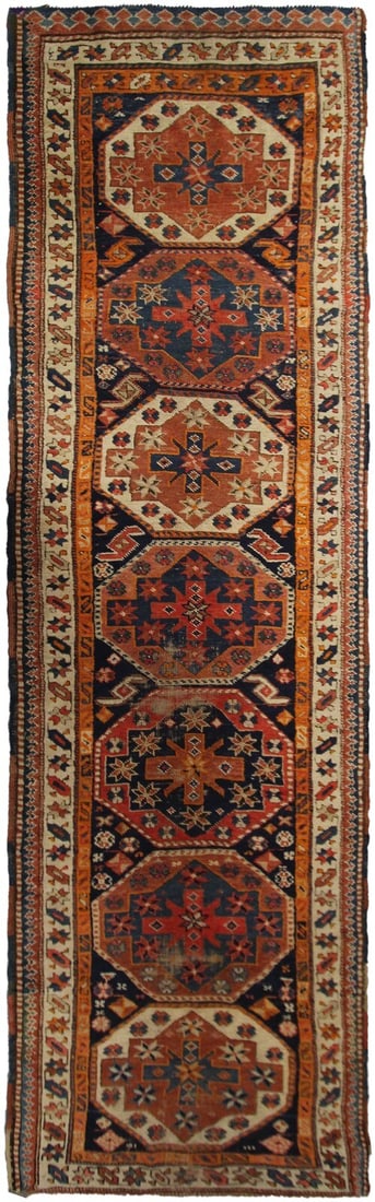 Antique Caucasian Kazak Wool Runner 3'1 x 12'1 Blue Geometric (1 of 11)