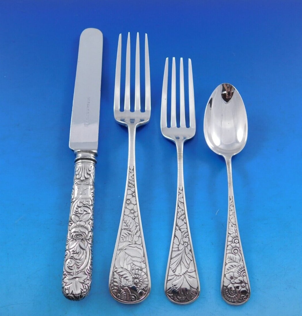 Rare Delhi Gorham Sterling Silver Flatware Set 17 Pieces c1880 with Caddy: Rare Delhi Gorham Sterling Silver Flatware Set 17 Pieces c1880 with Caddy Discover the elegance of the Delhi by Gorham Sterling Silver Flatware Set, a rare collection from the late 19th century (circa