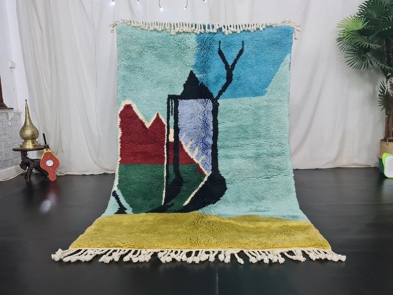 Artistic Handmade Moroccan Berber Wool Rug 8x5 Feet: Artistic Handmade Moroccan Berber Wool Rug 8x5 Feet This Elegant Artistic Soft Handmade Moroccan Berber Wool Rug is a stunning piece that resembles a beautiful painting. Handwoven in the Atlas Mountai