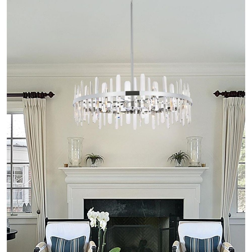 Serena 16-Light Chrome Crystal Chandelier 36 Inch Wide: Serena 16-Light Chrome Crystal Chandelier 36 Inch Wide This modern crystal chandelier features a high-quality chrome-plated finish and 16 lights, making it a striking centerpiece for any foyer, living