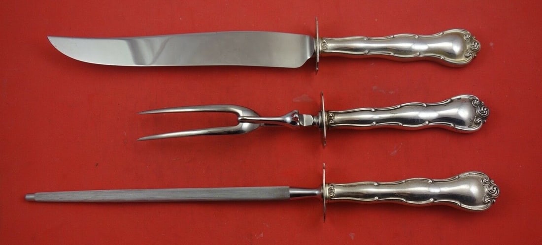 Gorham Rondo Sterling Silver 3-Piece Carving Set Knife Fork Hone: Gorham Rondo Sterling Silver 3-Piece Carving Set Knife Fork Hone This elegant Rondo carving set by Gorham features a 3-piece configuration, including a knife, fork, and honing tool, all crafted with a