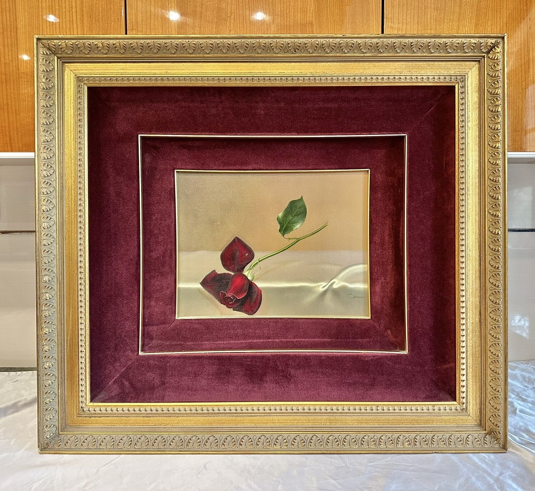 Teimur Amiry Original Oil Painting Rose on Table 29x26 Frame: Teimur Amiry Original Oil Painting Rose on Table 29x26 Frame This captivating oil on canvas painting by renowned California artist Teimur Amiry features a stunning rose elegantly displayed on a table.