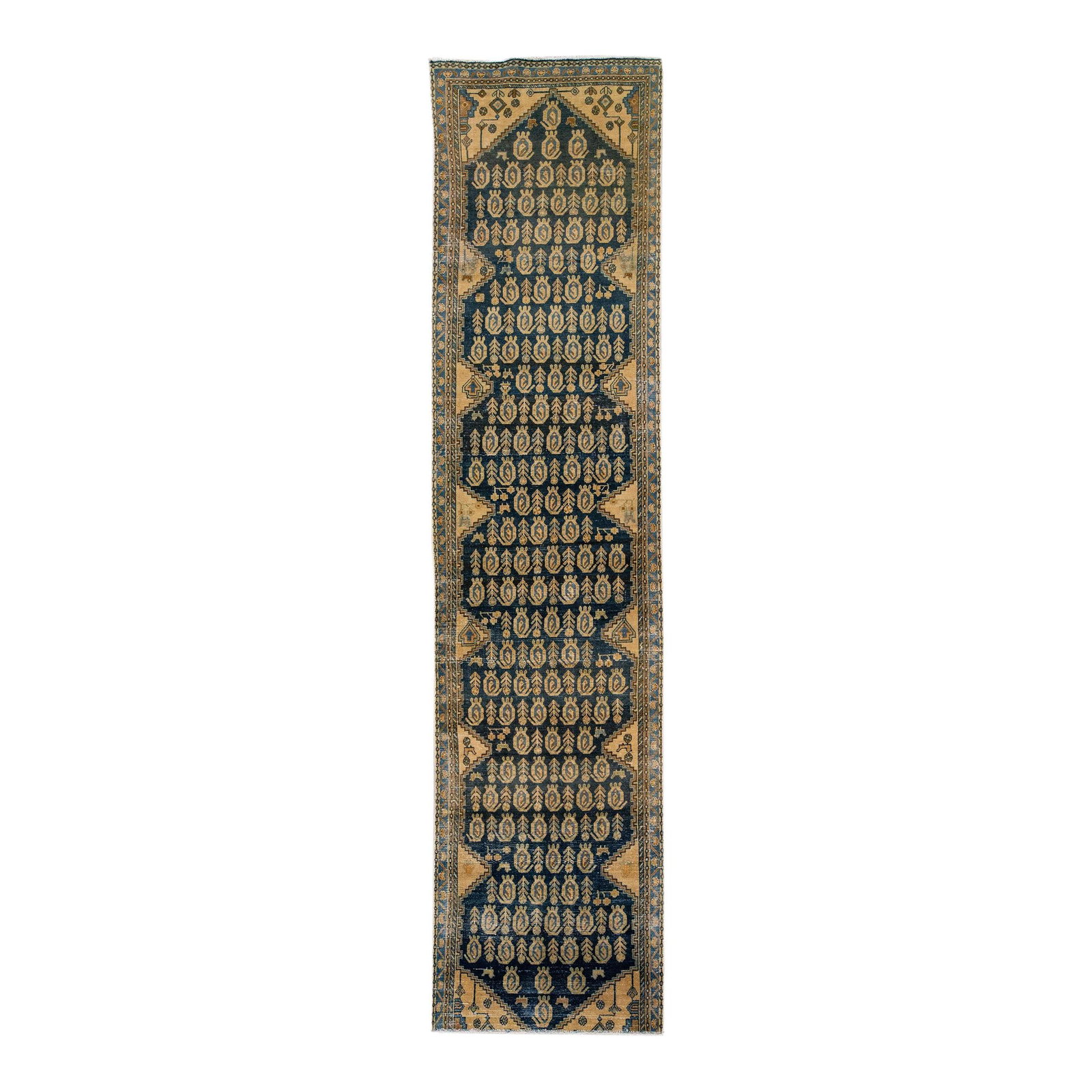 Vintage Persian Distressed Hand-Knotted Blue Wool Runner 3'8 x 15'10: Vintage Persian Distressed Hand-Knotted Blue Wool Runner 3'8 x 15'10 This stunning vintage Persian runner features a beautiful distressed design, meticulously hand-knotted from high-quality wool. The 