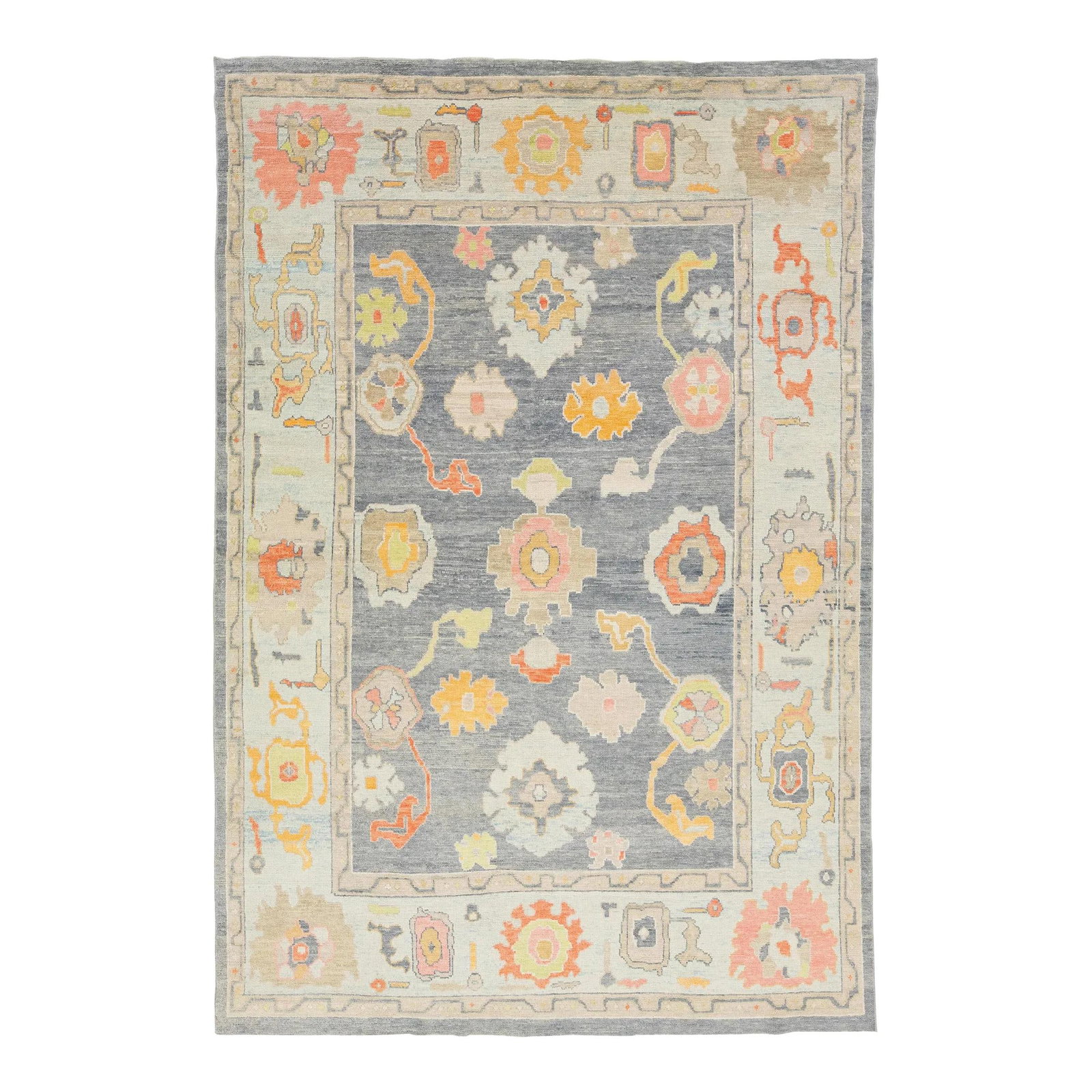 Hand-Knotted Modern Turkish Oushak Wool Rug 8'9" x 13' Floral Design: Hand-Knotted Modern Turkish Oushak Wool Rug 8'9" x 13' Floral Design Transform your space with this exquisite hand-knotted wool rug, showcasing a modern Turkish design. The rug features a sophisticate