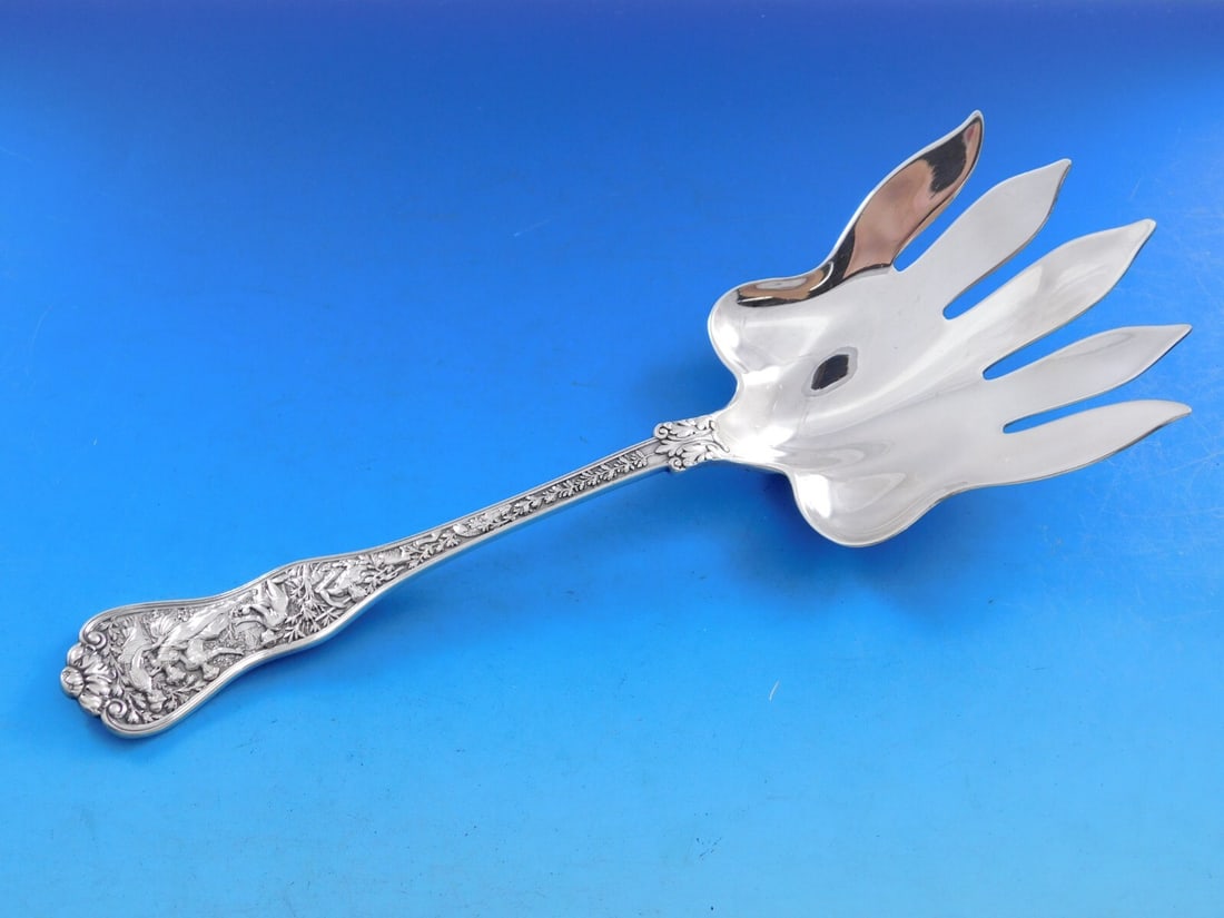 Tiffany Co Olympian Sterling Silver 5 Tine Fish Serving Fork 9 3/4: Tiffany Co Olympian Sterling Silver 5 Tine Fish Serving Fork 9 3/4 Olympian by Tiffany & Co. sterling silver fish serving fork with a 5-tine, rare form design. It is monogrammed "f" on the reverse and