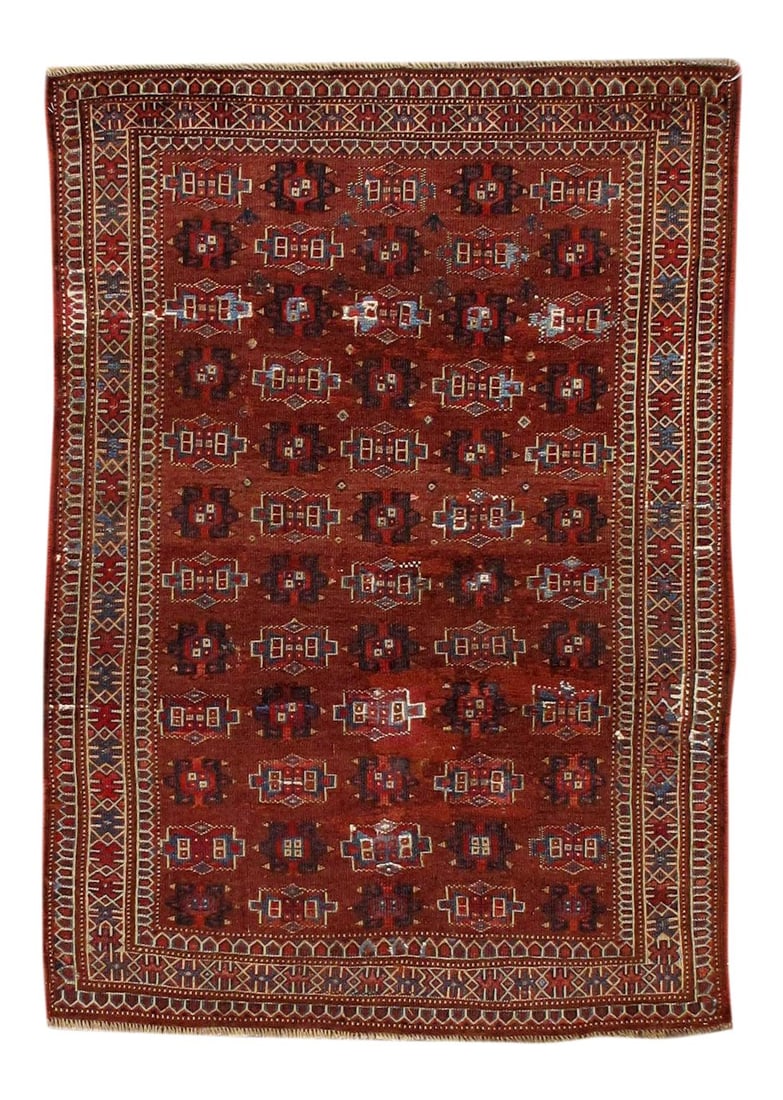 Persian Turkmen Handmade Wool Rug 3' x 4' Brown with Geometric Design: Persian Turkmen Handmade Wool Rug 3' x 4' Brown with Geometric Design Enhance your space with this exquisite Persian Turkmen handmade wool rug featuring a rich brown field. The rug showcases a captiva