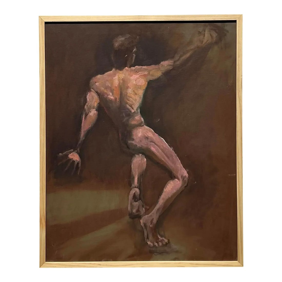 Original Oil Painting of Nude Figure on Canvas in Minimalist Frame: Original Oil Painting of Nude Figure on Canvas in Minimalist Frame This vintage boho original oil painting presents a dynamic nude figure rendered in a sophisticated impressionistic style. Using deep 